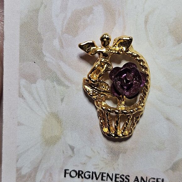 *Sale*Gold Tone Forgiveness Angel Red Flower Pin With Beautiful Thoughtful Mssge - Picture 2 of 11